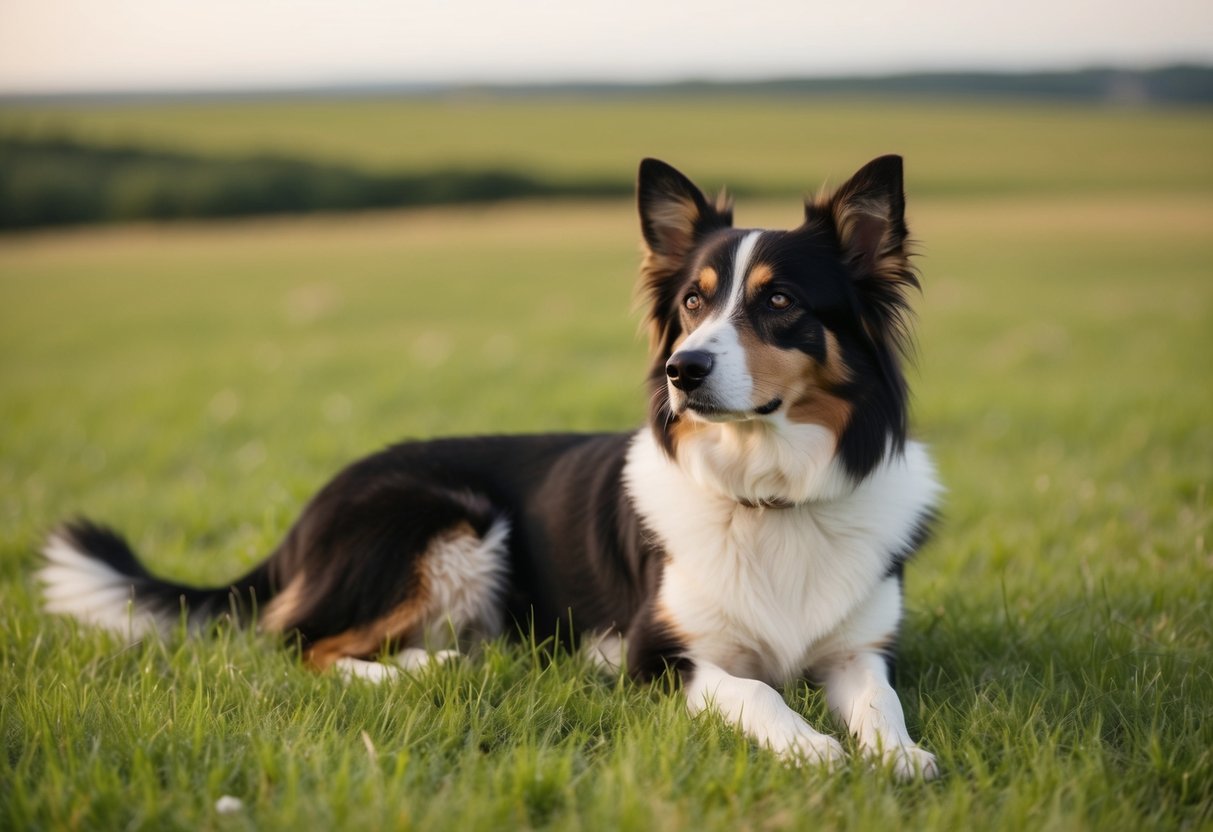 A female dog calmly lounges on a grassy field, gazing at the horizon with a relaxed posture