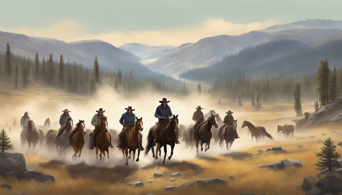 A rugged cowboy leading a pack of horses through the vast Yellowstone wilderness, with a determined expression on his face