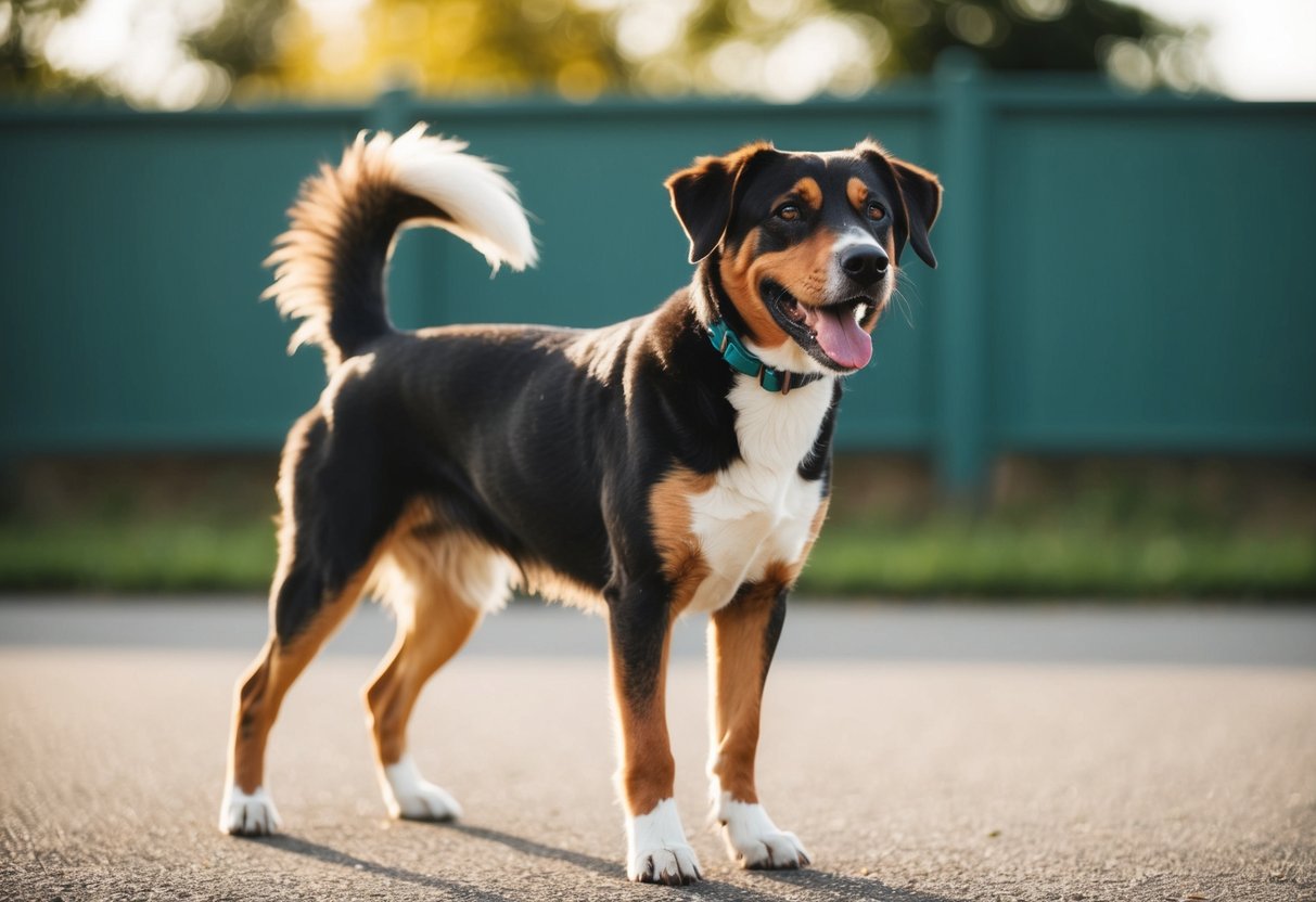 A 7-year-old dog standing with a wagging tail, looking alert and playful