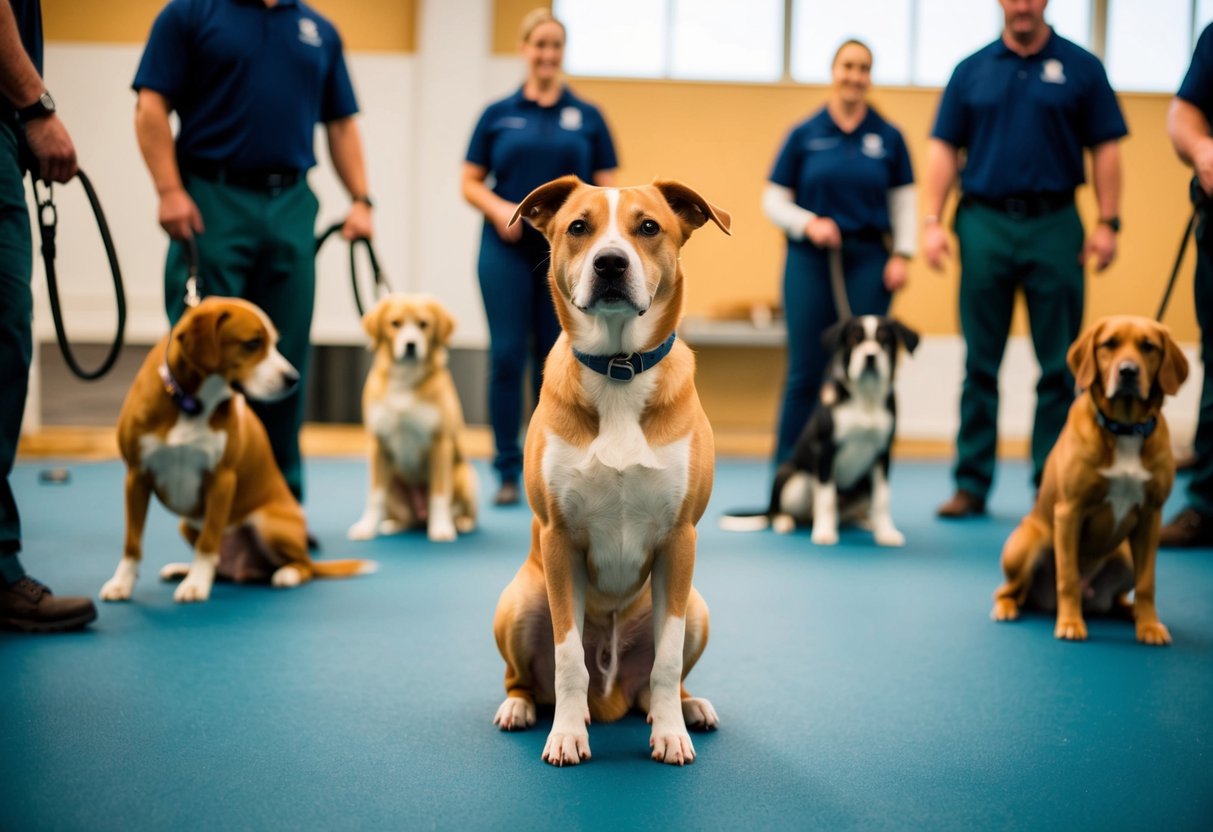 A calm female dog sits obediently during a training class, surrounded by other well-behaved canines and their handlers