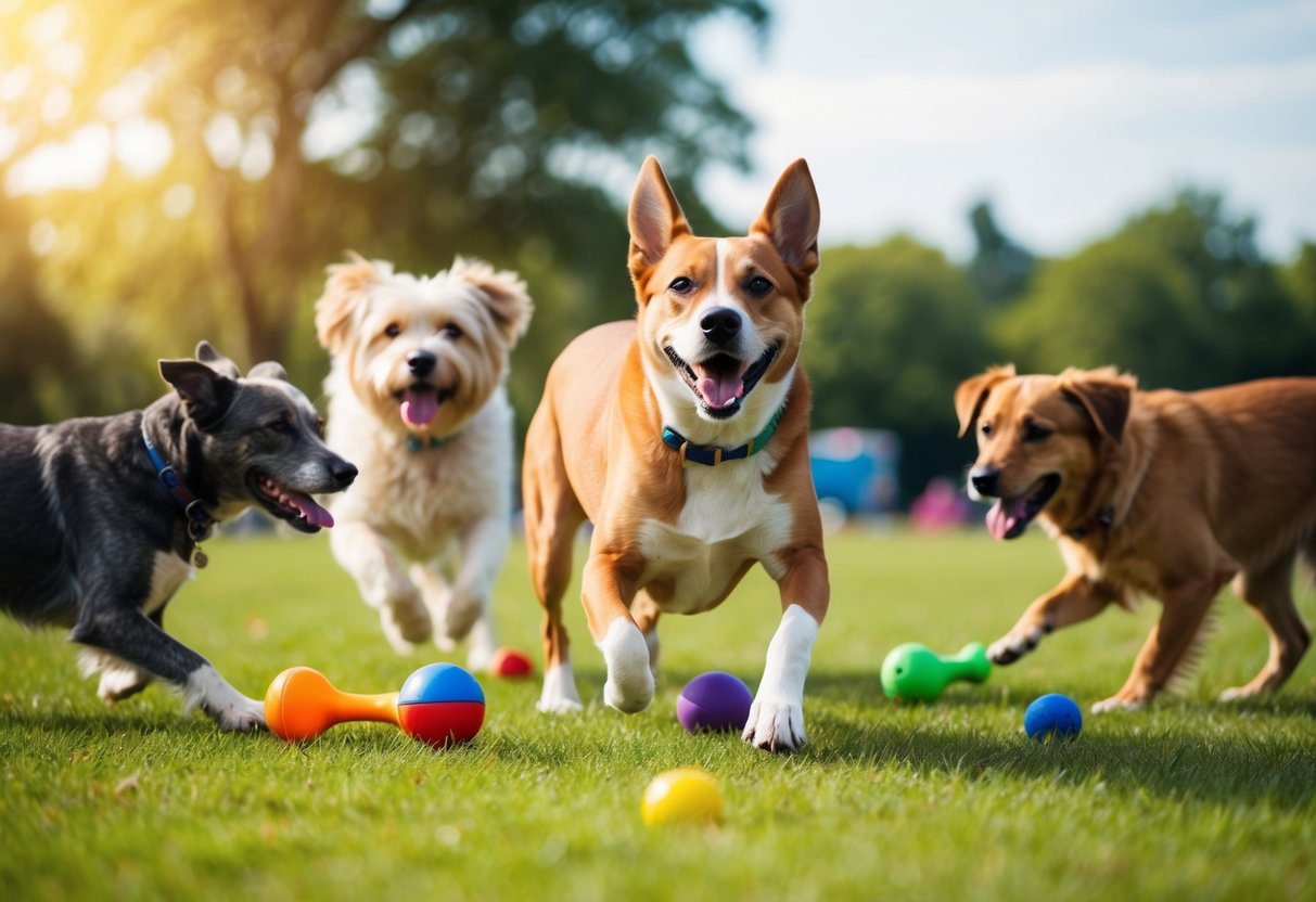 A happy, energetic dog playing in a park, surrounded by toys and other dogs of various ages