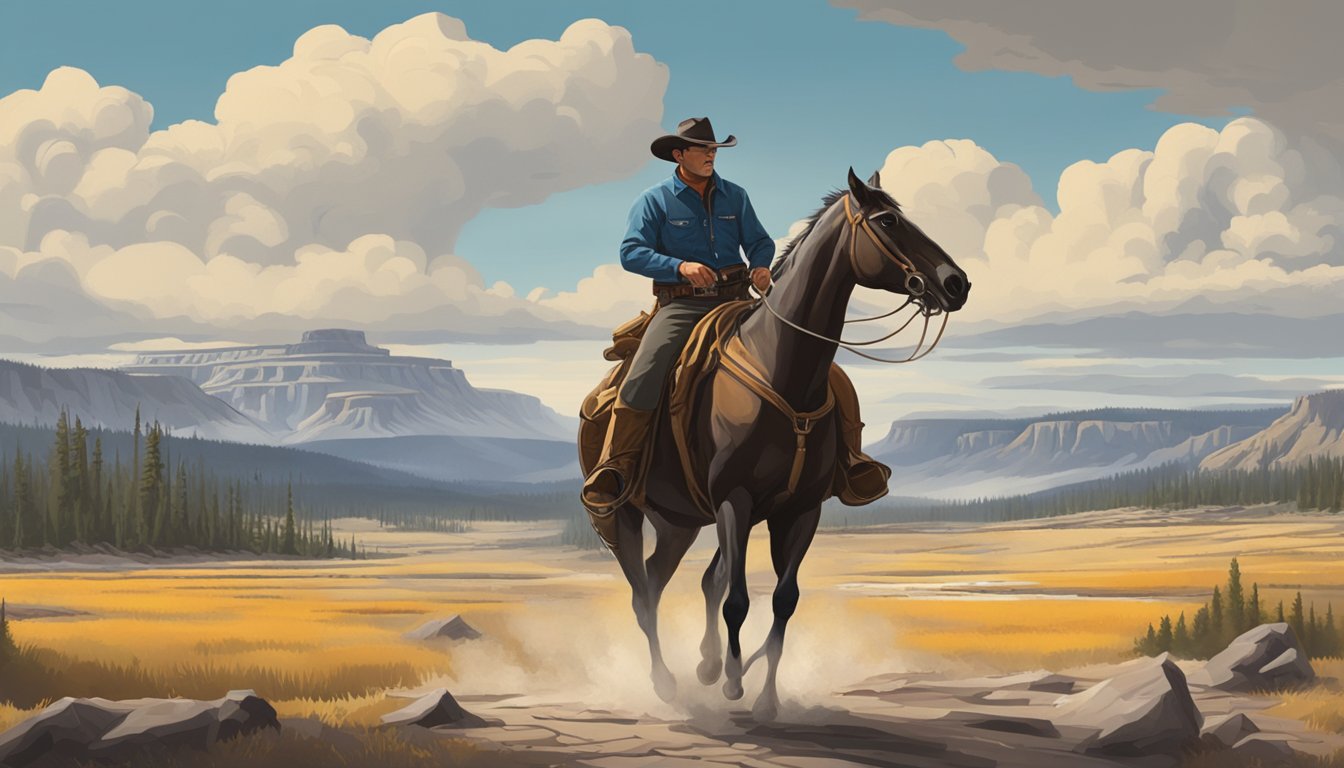 A lone cowboy rides through a rugged landscape, with the iconic Yellowstone scenery in the background