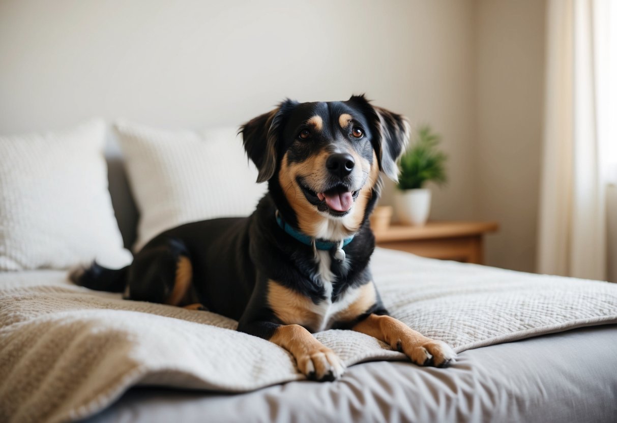 A 7-year-old dog sitting on a cozy bed, looking content but with a hint of gray around the muzzle