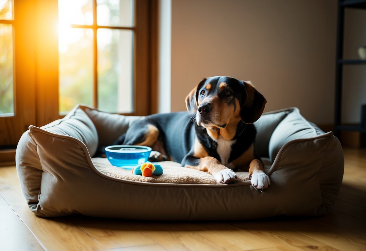 A 7-year-old dog, known as a senior, lays contentedly on a plush bed surrounded by comforting toys and a bowl of water, basking in the warm glow of the sun streaming through the window