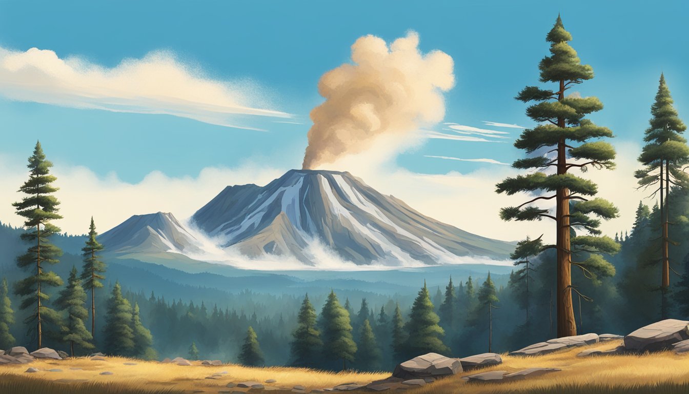 A rugged, mountainous landscape with a geyser erupting in the distance. Tall pine trees and a clear blue sky complete the scene