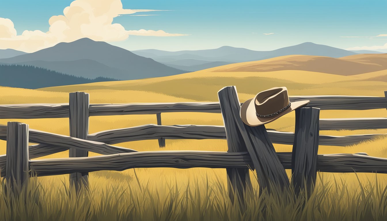 A cowboy hat resting on a weathered wooden fence post, with a backdrop of rolling hills and a clear blue sky