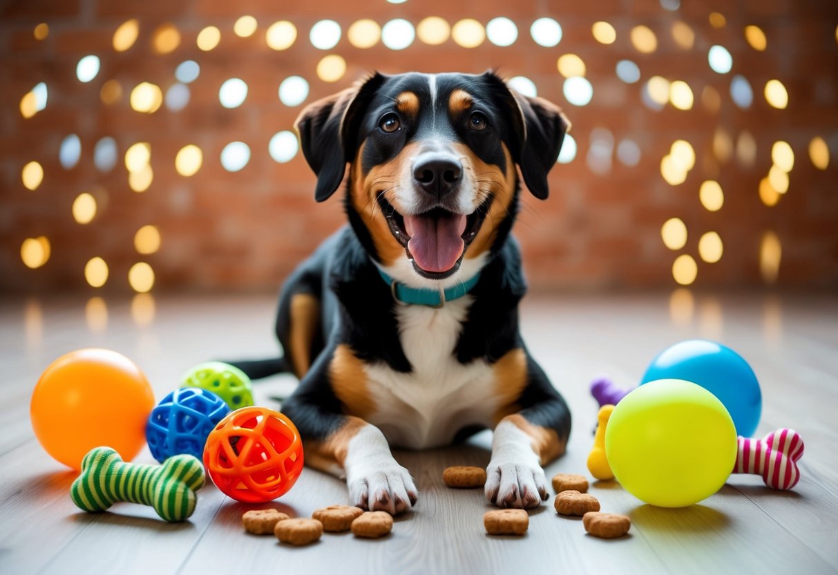 A happy dog with a wagging tail and a playful expression, surrounded by toys and treats, representing the concept of being 13 years old in dog years