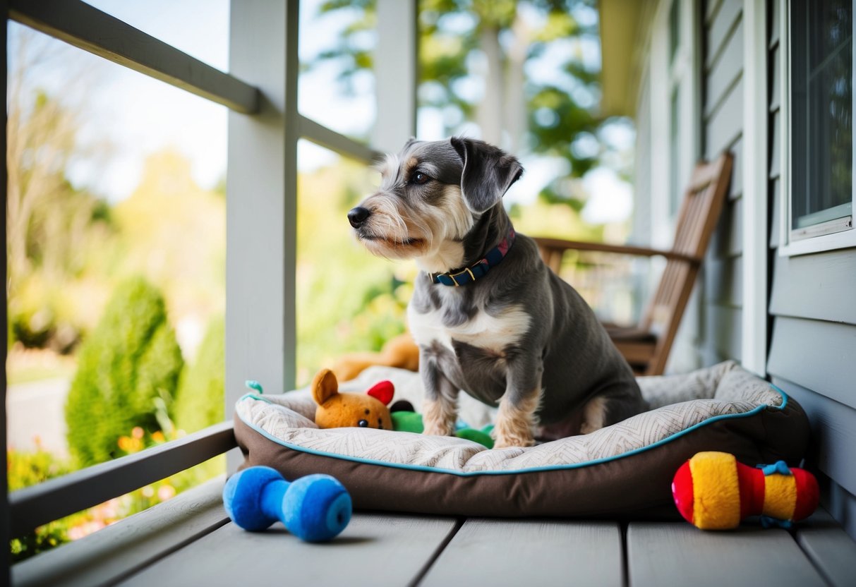 A gray-muzzled dog sits on a porch, surrounded by well-loved toys and a cozy bed, gazing contentedly at the world outside