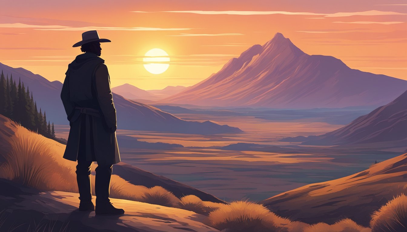 A lone figure stands in a rugged western landscape, gazing into the distance with a determined expression. The sun sets behind the silhouette of a mountain range