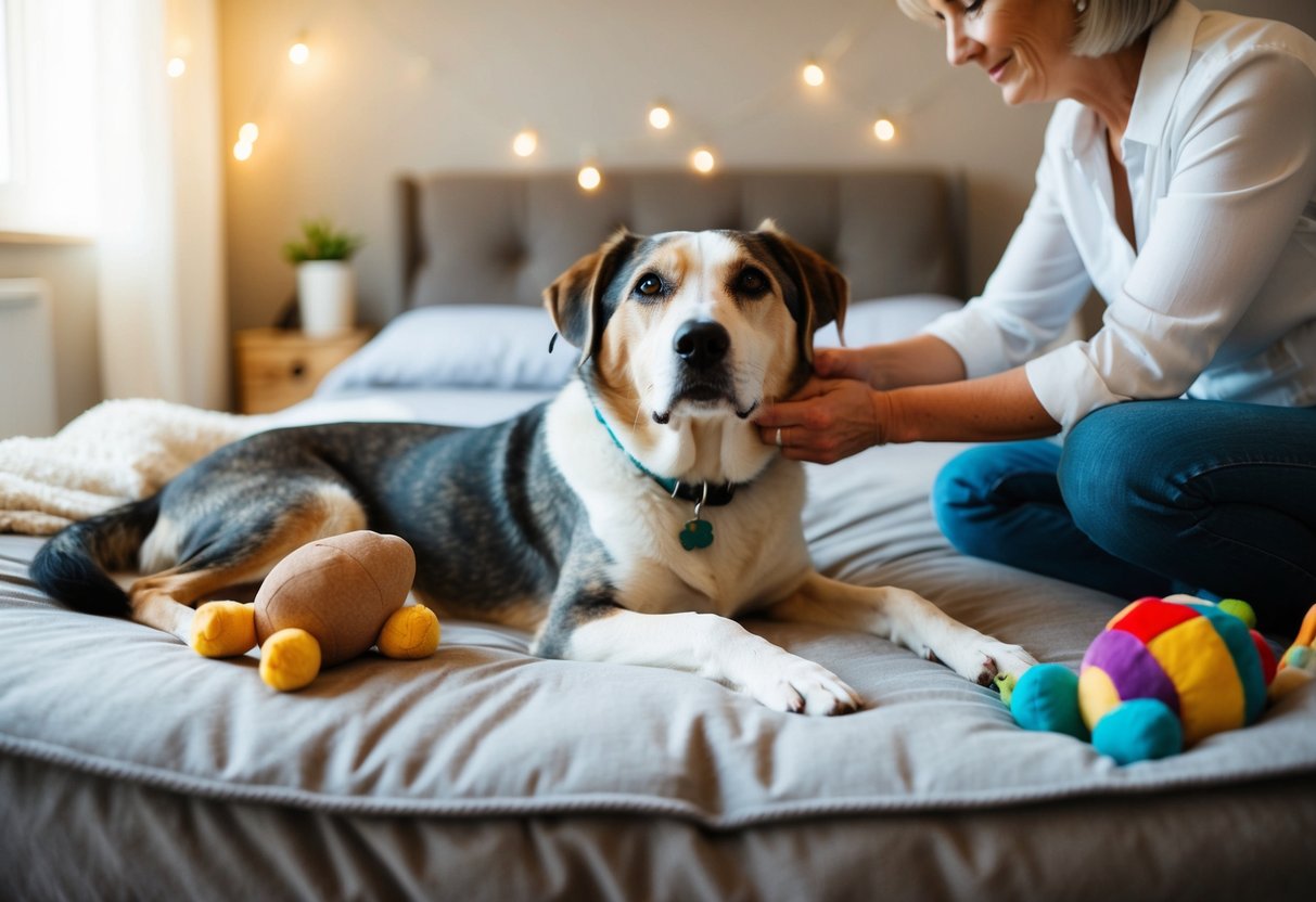 An older dog laying on a cozy bed, surrounded by toys and receiving gentle care from its owner