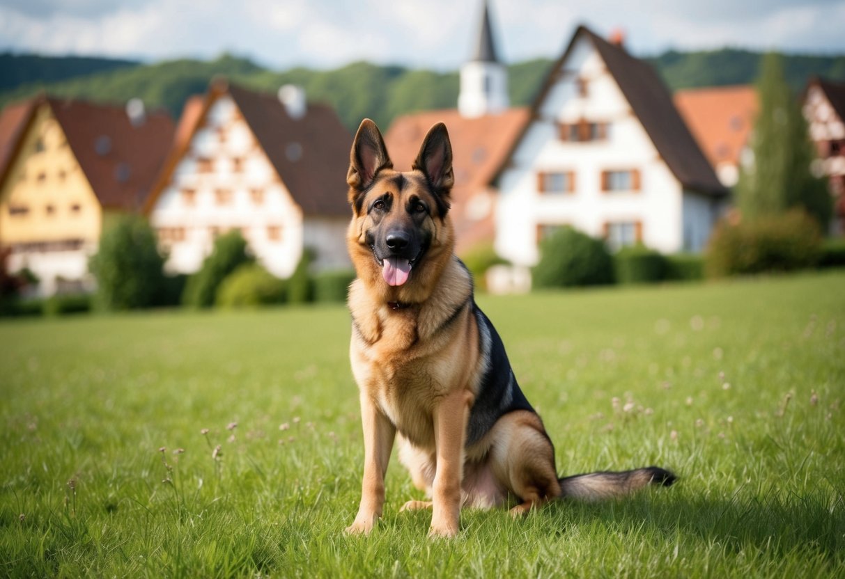 A German shepherd dog sitting in a green meadow, with a traditional German village in the background