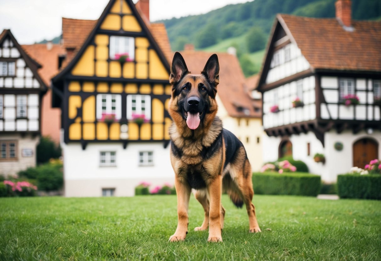A German Shepherd dog standing in front of a traditional timber-framed house in a picturesque German village