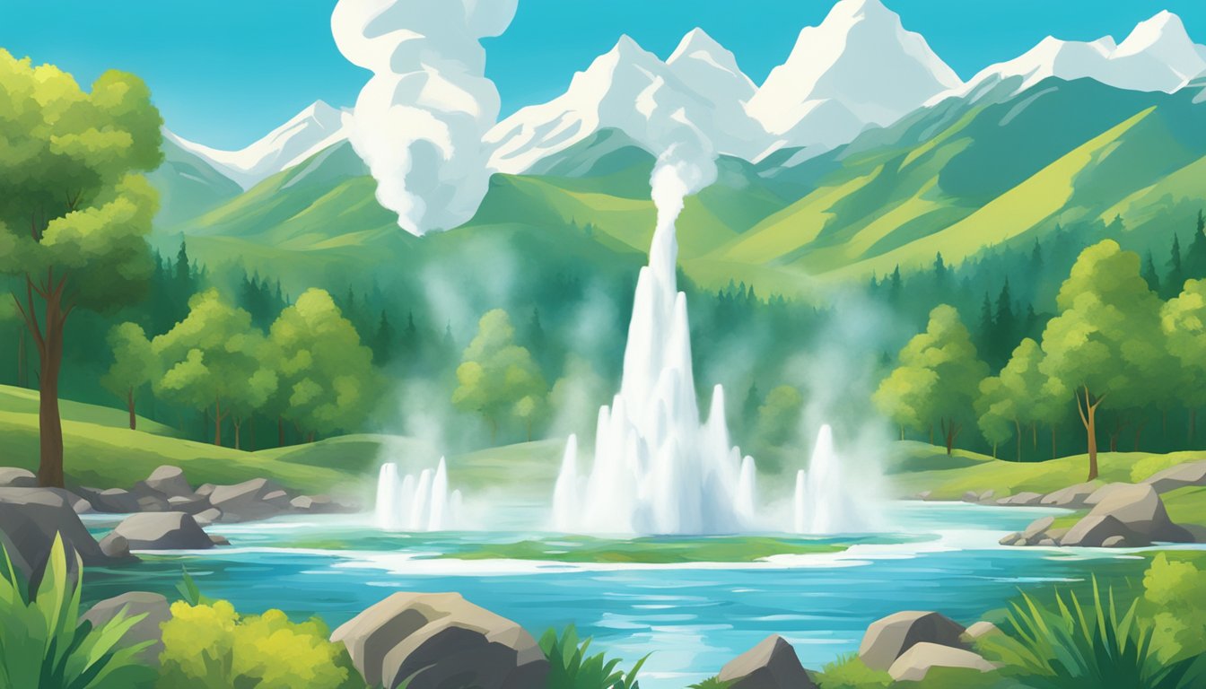 A bubbling geyser erupts amidst a lush, green landscape, surrounded by towering mountains and a clear, blue sky