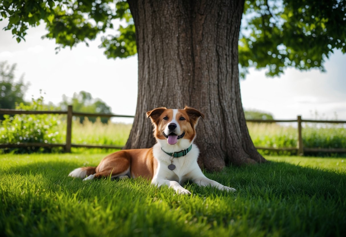 A 100% village dog lounging under the shade of a large tree, surrounded by lush greenery and a simple wooden fence in the background
