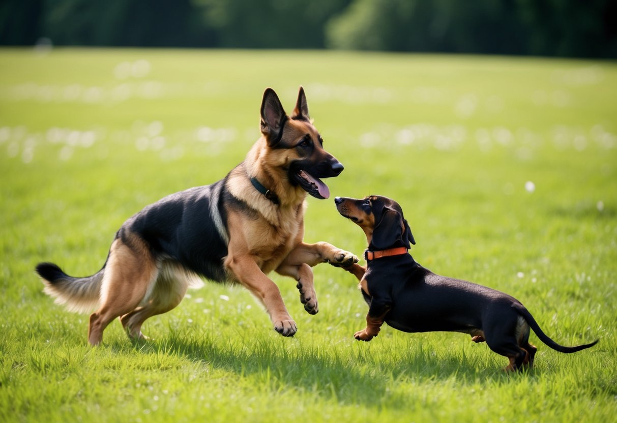 A German Shepherd and a Dachshund playing in a green meadow