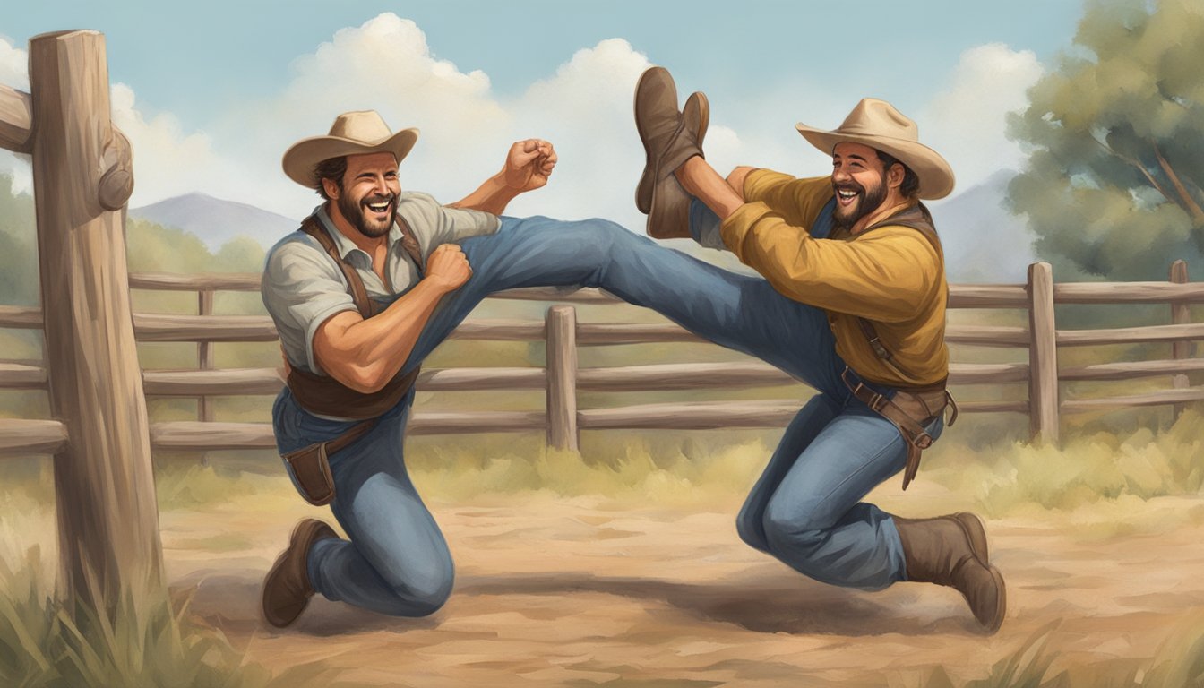 Teeter playfully wrestling with a fellow ranch hand, both laughing and enjoying each other's company