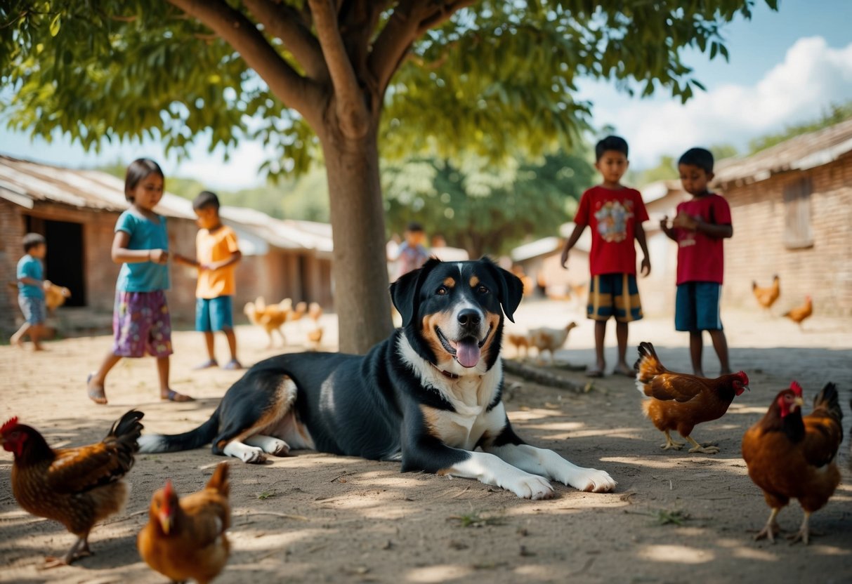 A 100% village dog lounges under a shady tree, surrounded by children playing and chickens pecking at the ground