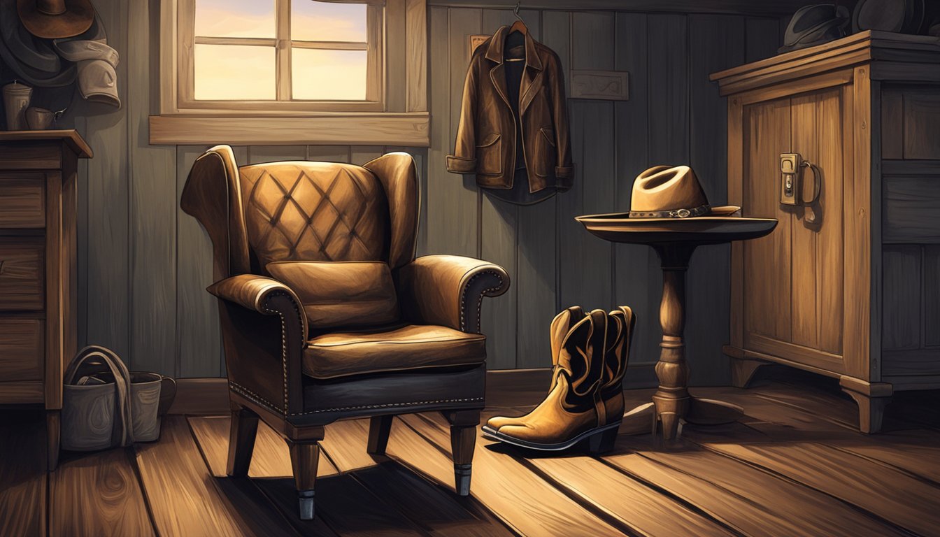 A cowboy hat, leather jacket, and rugged boots sit on a weathered wooden chair in a dimly lit dressing room