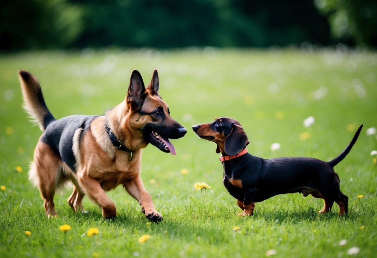 A German Shepherd and a Dachshund playing in a green meadow