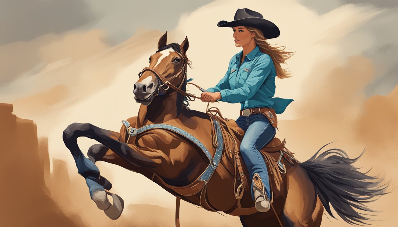 A rugged cowgirl riding a bucking bronco at a rodeo