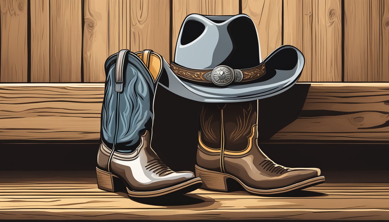 A cowboy hat and a pair of cowboy boots on a wooden floor