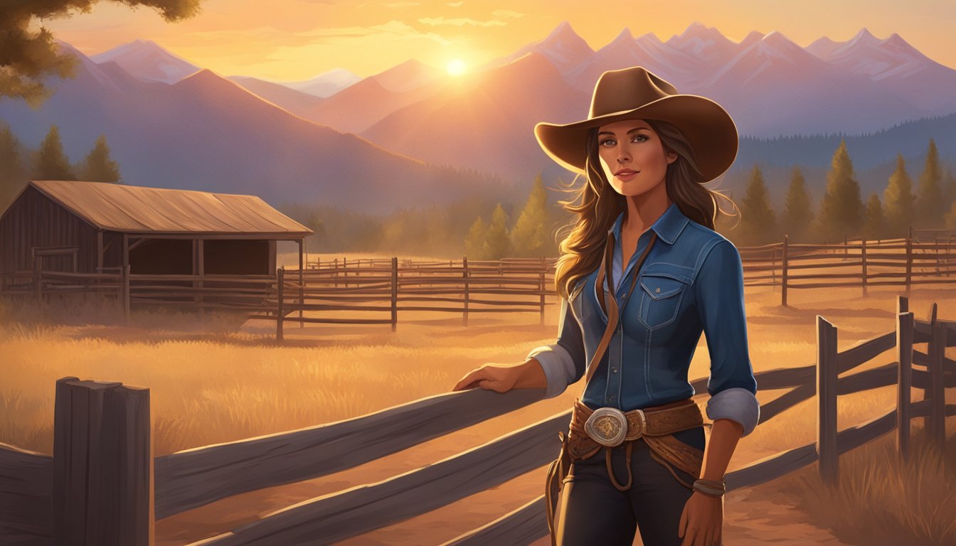 A cowgirl stands in front of a corral, wearing a cowboy hat and boots, with a lasso in hand. The sun sets behind the mountains, casting a warm glow on the scene