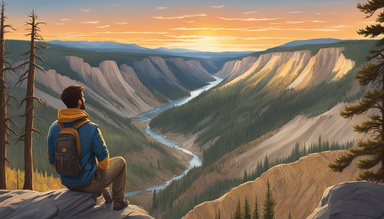 Ryan stands at the edge of a cliff, gazing out at the vast expanse of Yellowstone National Park. The sun sets behind the mountains, casting a warm glow over the rugged landscape