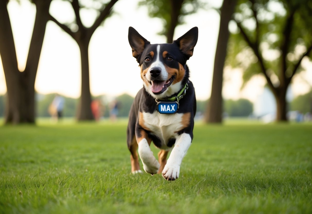 A dog with a collar labeled "MAX" plays in a park