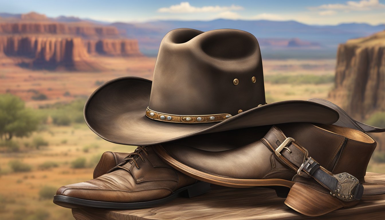 A cowboy hat and boots sit next to a worn saddle, surrounded by rugged western landscape