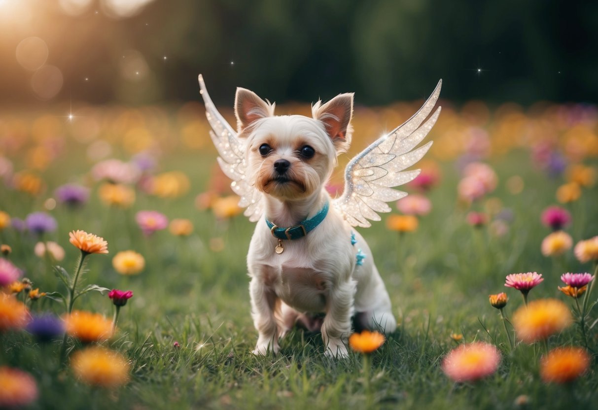 A small, shimmering dog with delicate wings and a sparkling, ethereal glow, surrounded by a field of colorful, glowing flowers