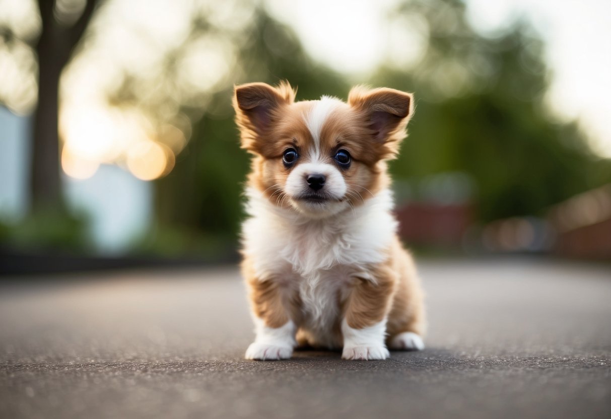 A small, fluffy puppy tilts its head, ears perked, looking up with bright, curious eyes