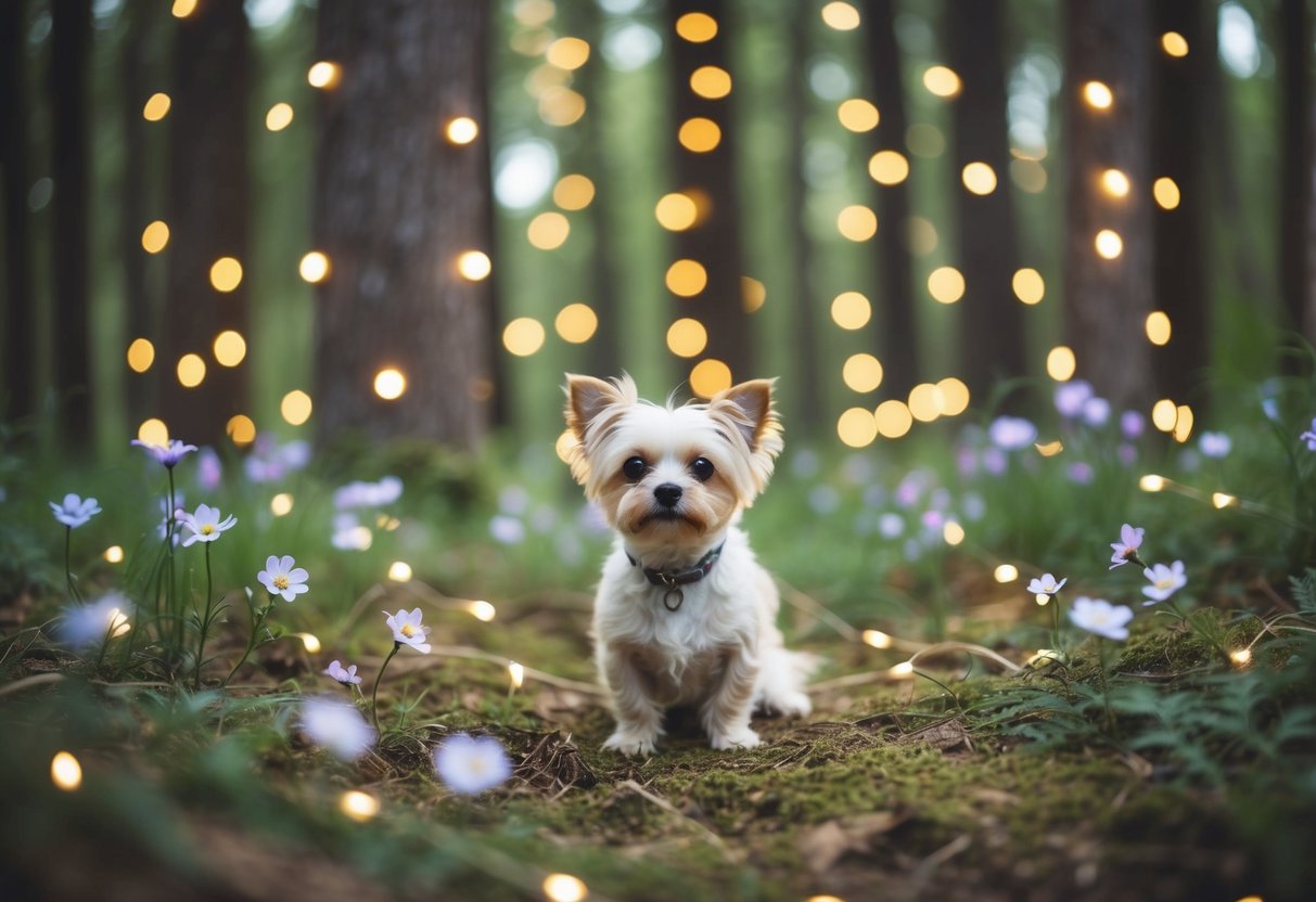 A whimsical forest clearing with a small, ethereal dog surrounded by glowing fairy lights and delicate flowers
