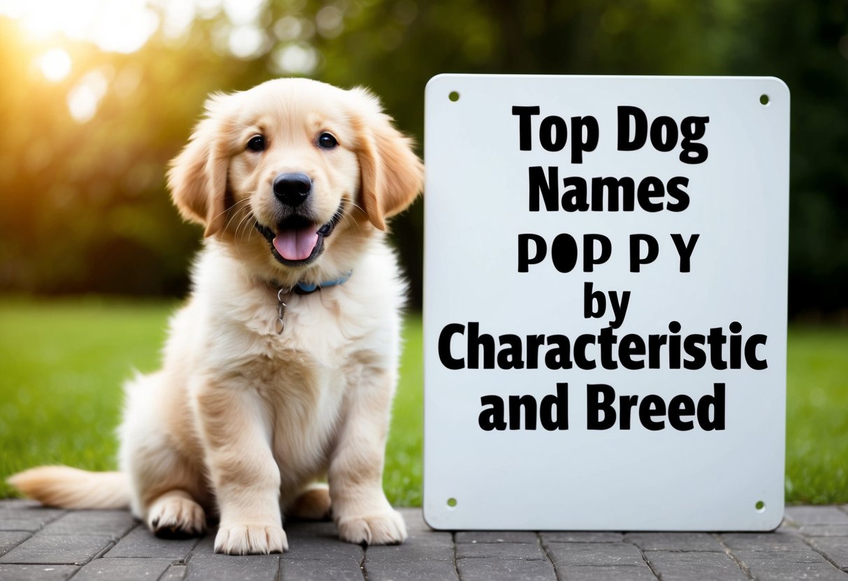A fluffy golden retriever puppy with a wagging tail, sitting next to a sign that reads "Top Dog Names by Characteristic and Breed."