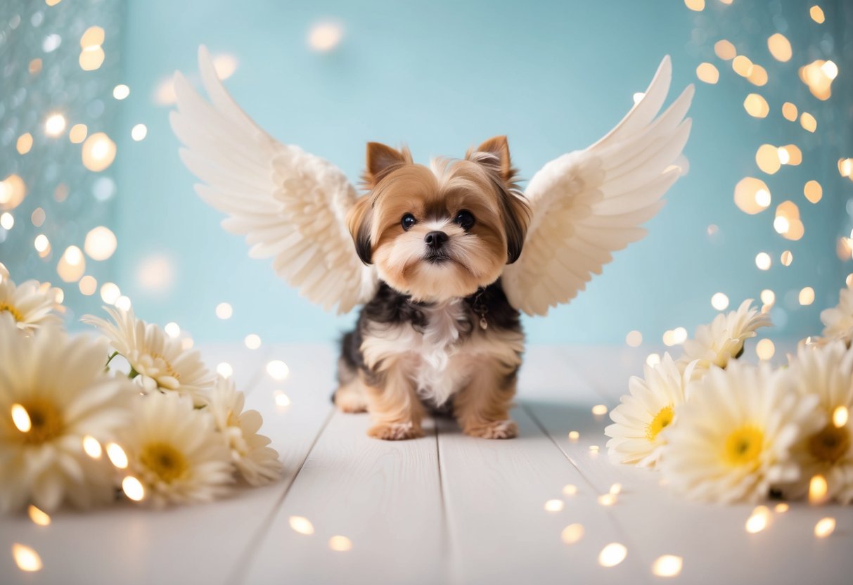 A small, fluffy dog with wings, surrounded by shimmering, glowing flowers and sparkles