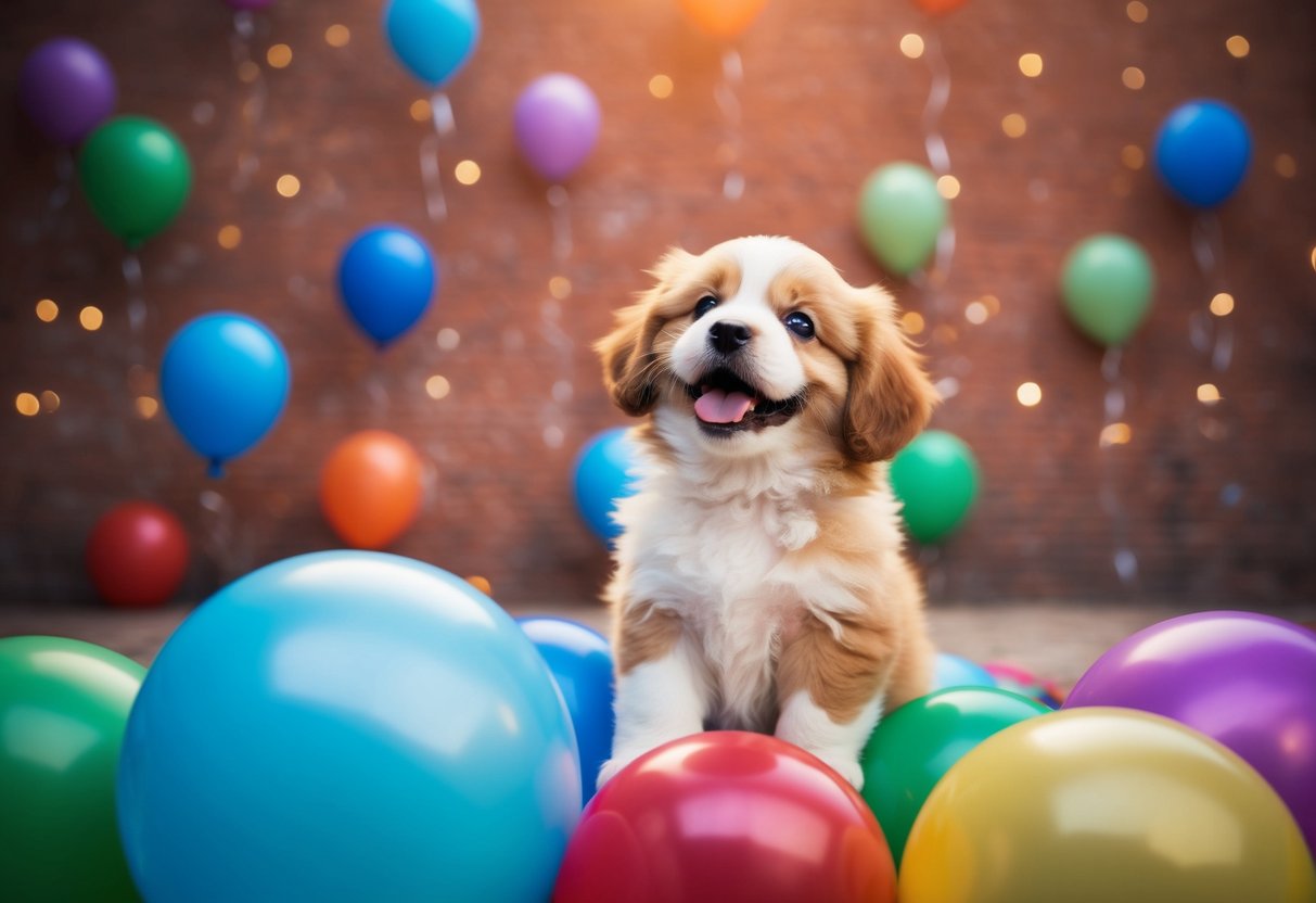 A fluffy puppy sitting next to a pile of colorful balloons, looking up with a happy expression