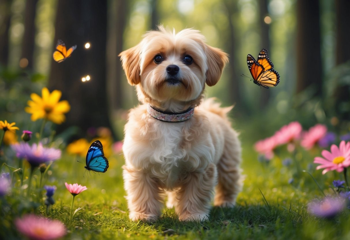 A small, fluffy dog wearing a sparkly collar stands in a magical forest, surrounded by colorful flowers and butterflies