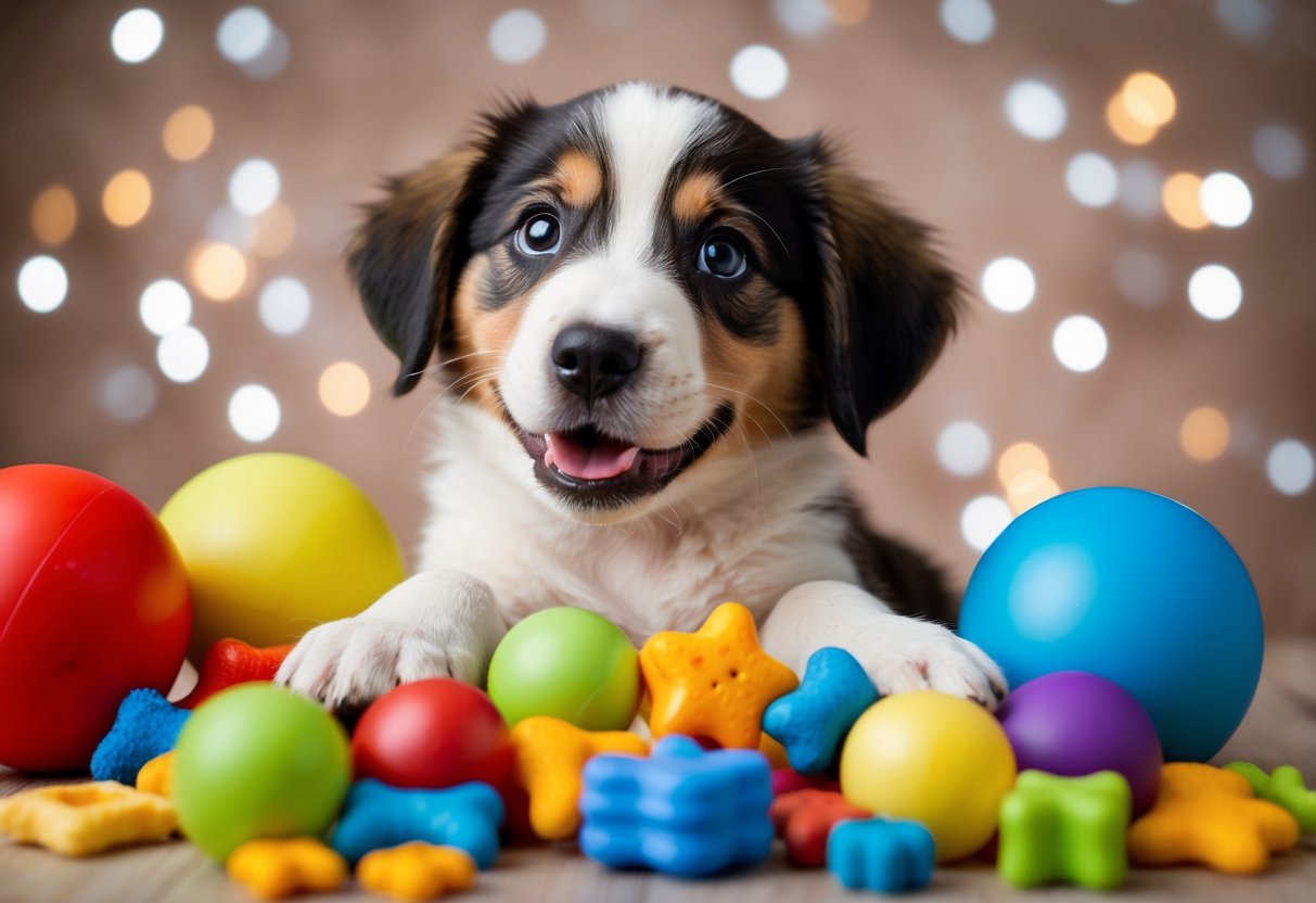 A playful puppy surrounded by colorful toys and treats, looking up with big, hopeful eyes