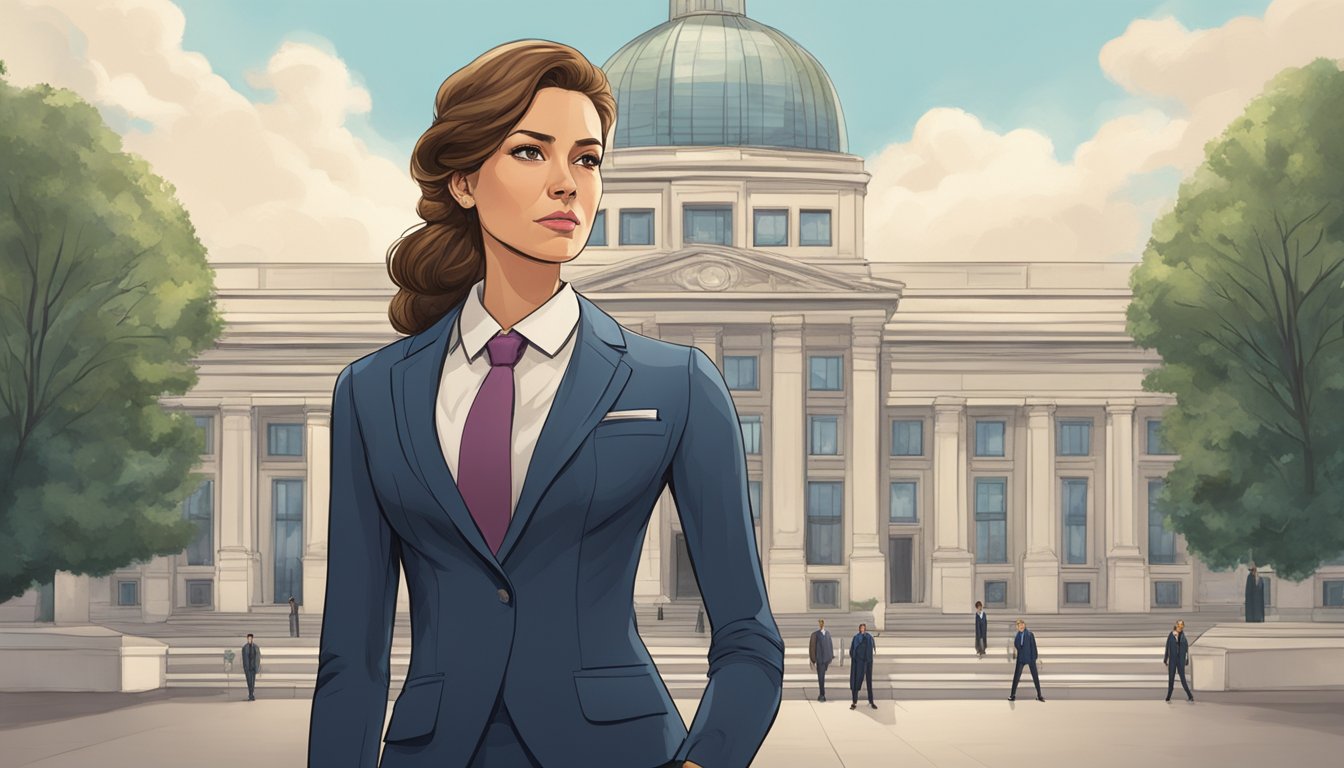 A woman in a tailored suit stands confidently, with a determined expression, in front of a grand government building