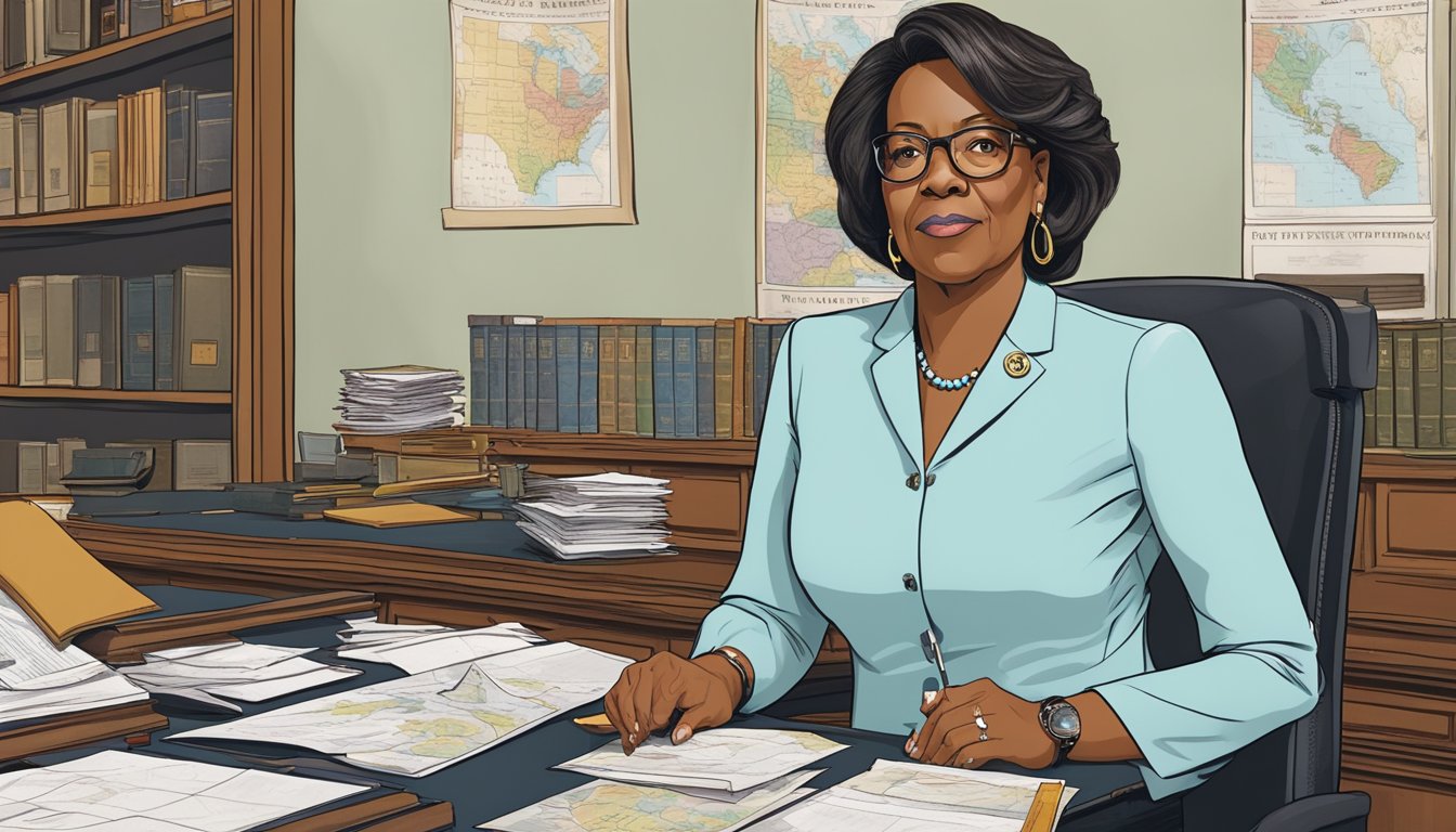 Governor Lynelle Perry standing confidently in her office, surrounded by maps and documents, with a determined expression on her face