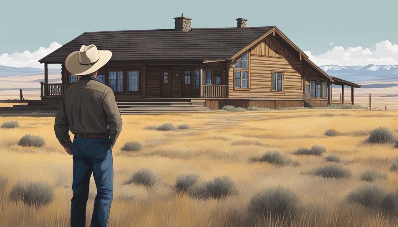 Dan Jenkins standing in front of the Yellowstone ranch house, with a cowboy hat on, looking out at the vast open landscape