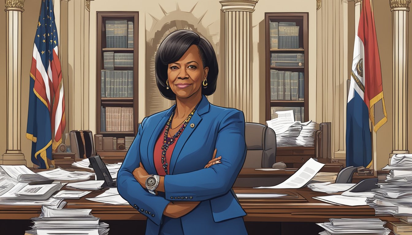 Governor Lynelle Perry standing confidently in her office, surrounded by political symbols and documents, exuding power and determination