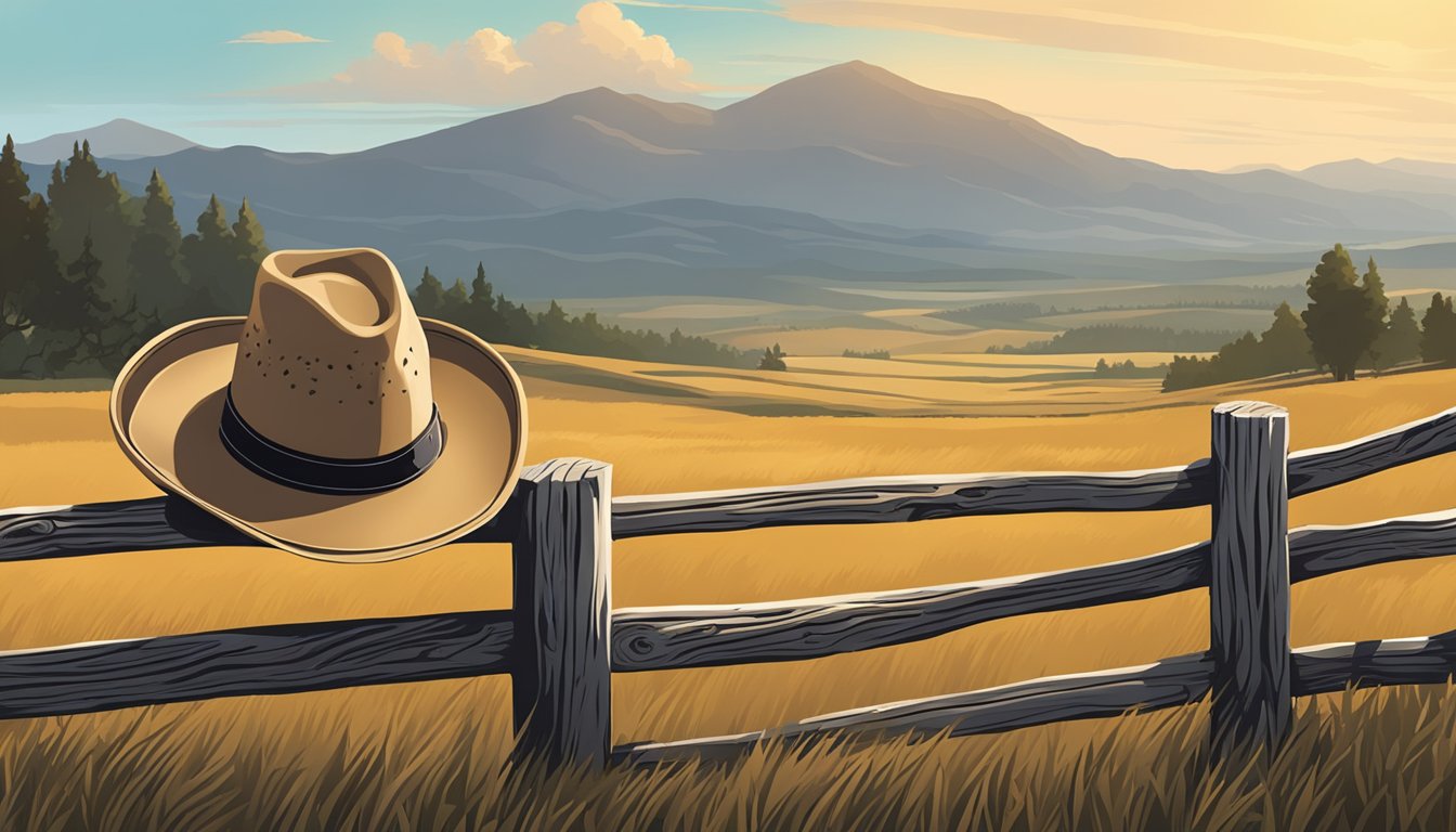 A rugged cowboy hat resting on a weathered wooden fence post, with a backdrop of rolling hills and a vast, open sky