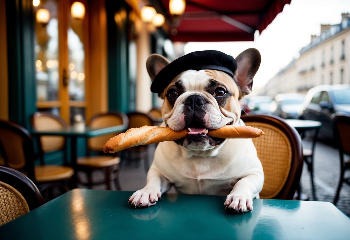 A French Bulldog sitting in a charming Parisian cafe, with a beret on its head and a baguette in its mouth