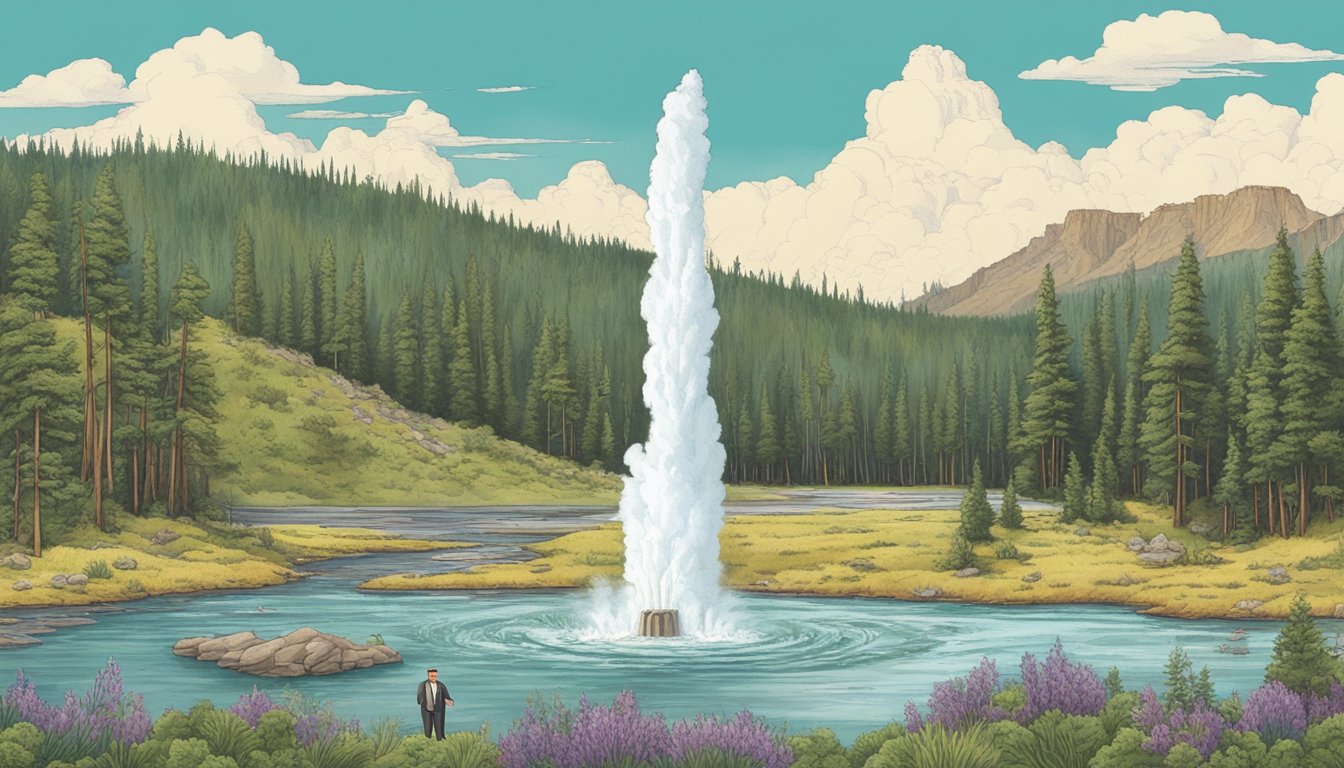 Governor Perry standing in front of a geyser, surrounded by diverse wildlife and lush vegetation in Yellowstone National Park