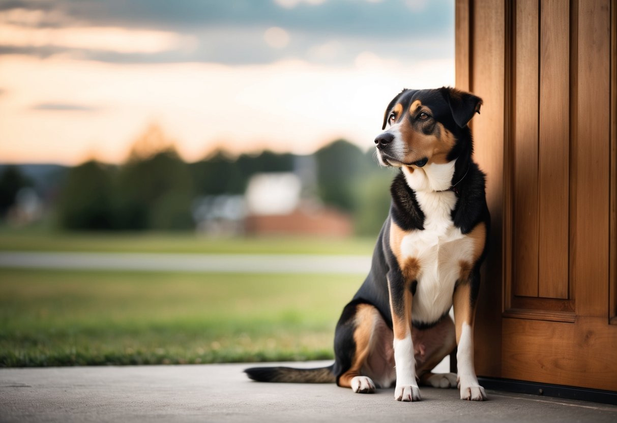 A loyal male dog sitting by a wooden door, looking out into the distance with a watchful and protective expression