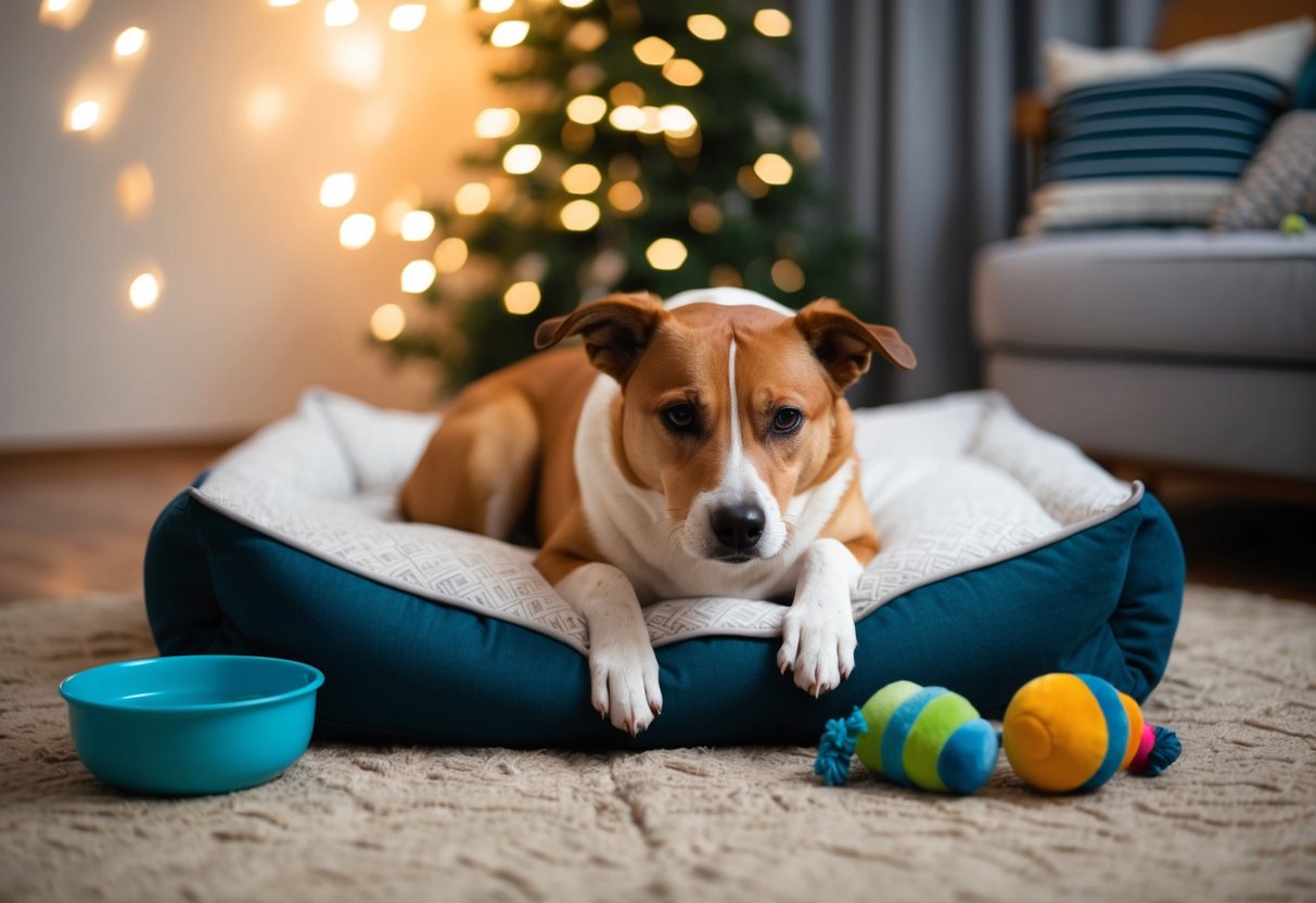 A pregnant dog resting in a cozy bed, surrounded by toys and a bowl of water