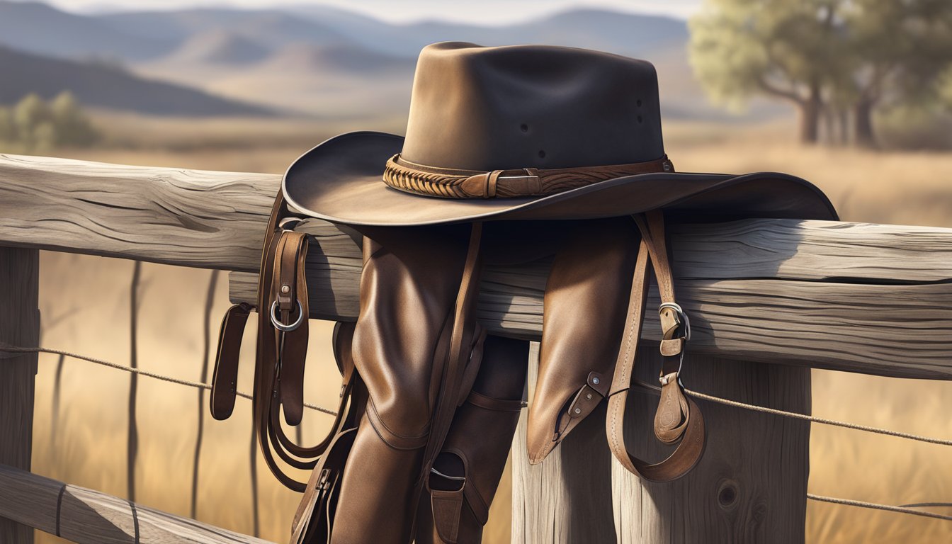 A rugged cowboy hat and worn leather boots sit next to a weathered saddle on a wooden fence post. A lasso hangs coiled nearby