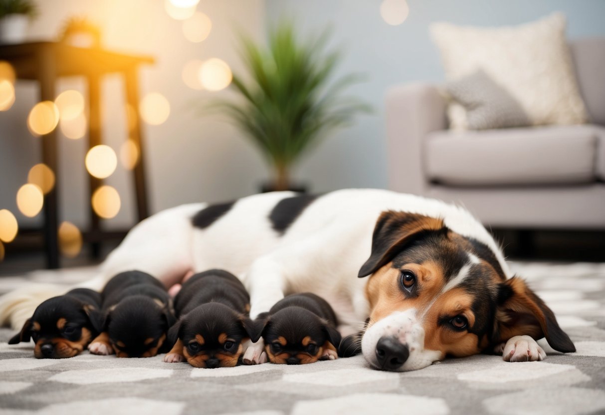 A dog pregnancy, also known as gestation, can be depicted by illustrating a pregnant dog lying down in a comfortable and safe environment, surrounded by her puppies