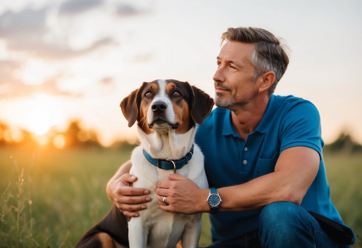 A faithful male dog sitting next to his owner, gazing up with adoring eyes