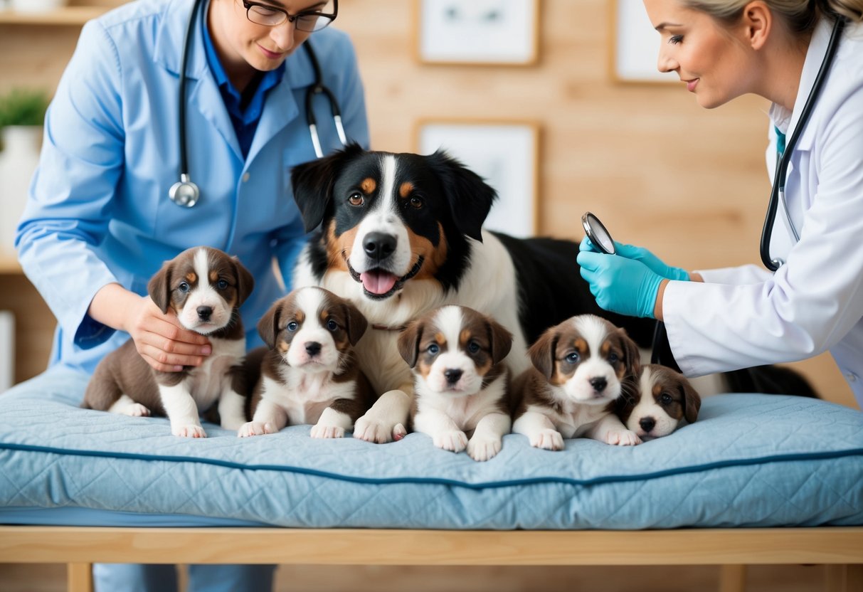 A dog lying on a cozy bed, surrounded by a litter of adorable puppies, while a veterinarian confirms the pregnancy with a stethoscope